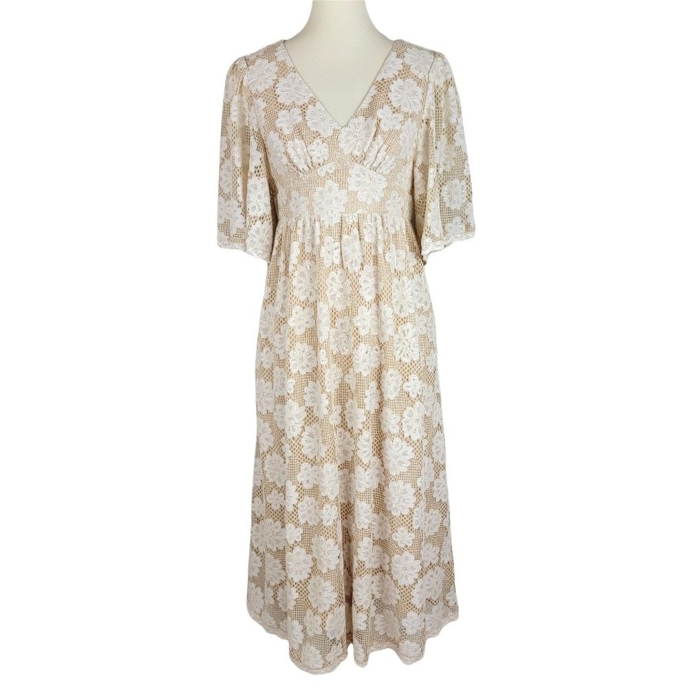 Listicle Yellow Beige Lace Flare Short Sleeves V Neck Midi Dress Size M